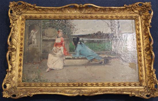 Auguste Emile Pinchart (1842-1920) Lovers on a terrace, a town beyond, 13 x 22in.